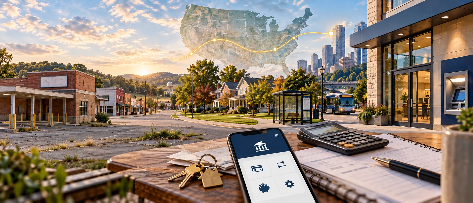 Illustrative scene connecting rural and urban communities, a former drive-through, modern bank and ATM, public transit, and mobile banking